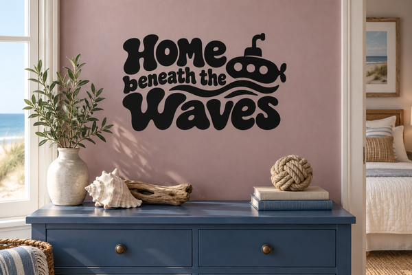Home beneath the Waves vinyl wall decal with submarine and wave text, black design