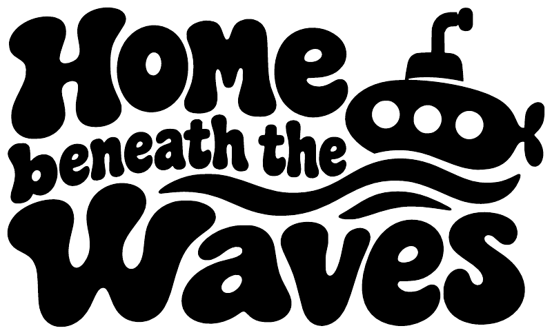 Black vinyl wall decal: 'Home beneath the Waves' with submarine and wave lines