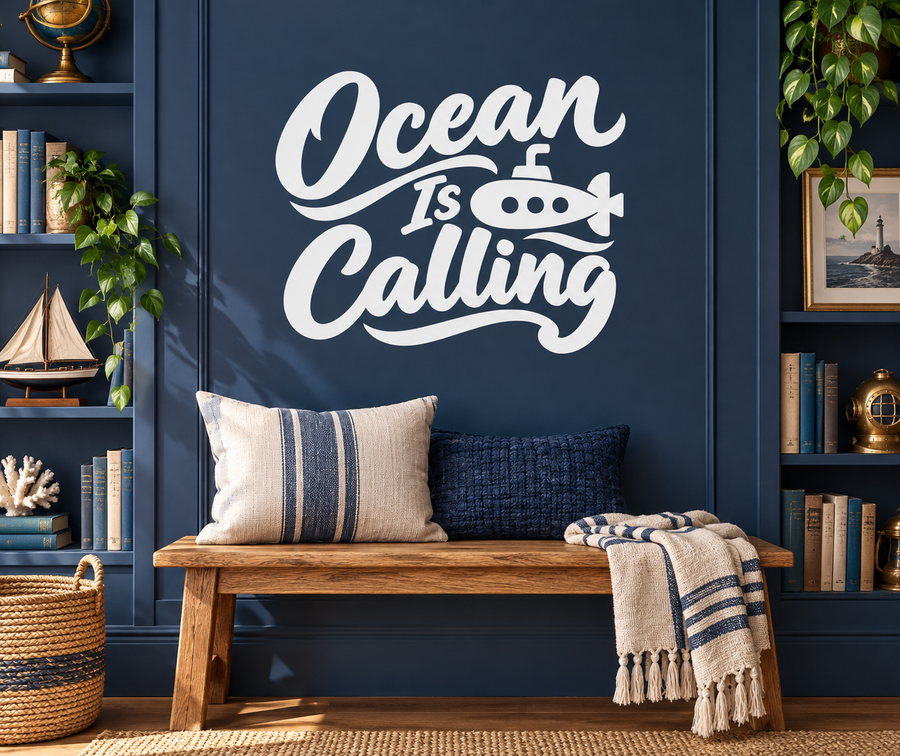 Ocean Is Calling submarine vinyl wall decal, white lettering with black outline