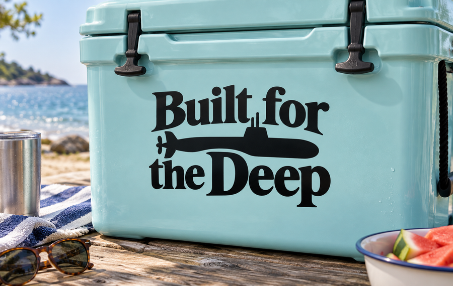 Vinyl decal reading "Built for the Deep" with submarine icon on a teal cooler