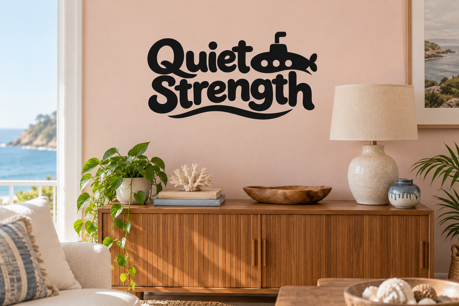 Quiet Strength submarine vinyl wall decal in black, bold lettering with small sub icon