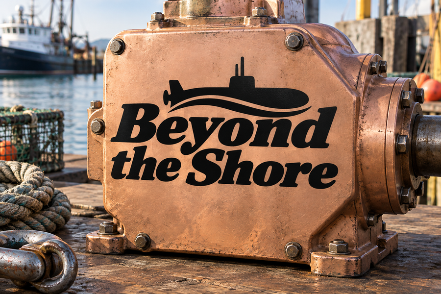 Vinyl decal with black submarine silhouette and "Beyond the Shore" text on copper