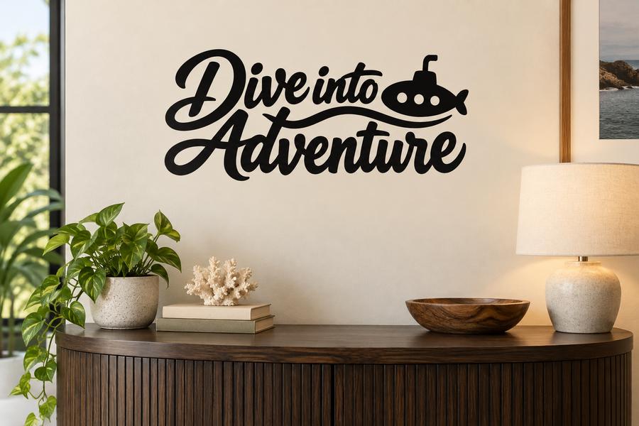 Dive into Adventure vinyl decal with submarine icon and bold script text