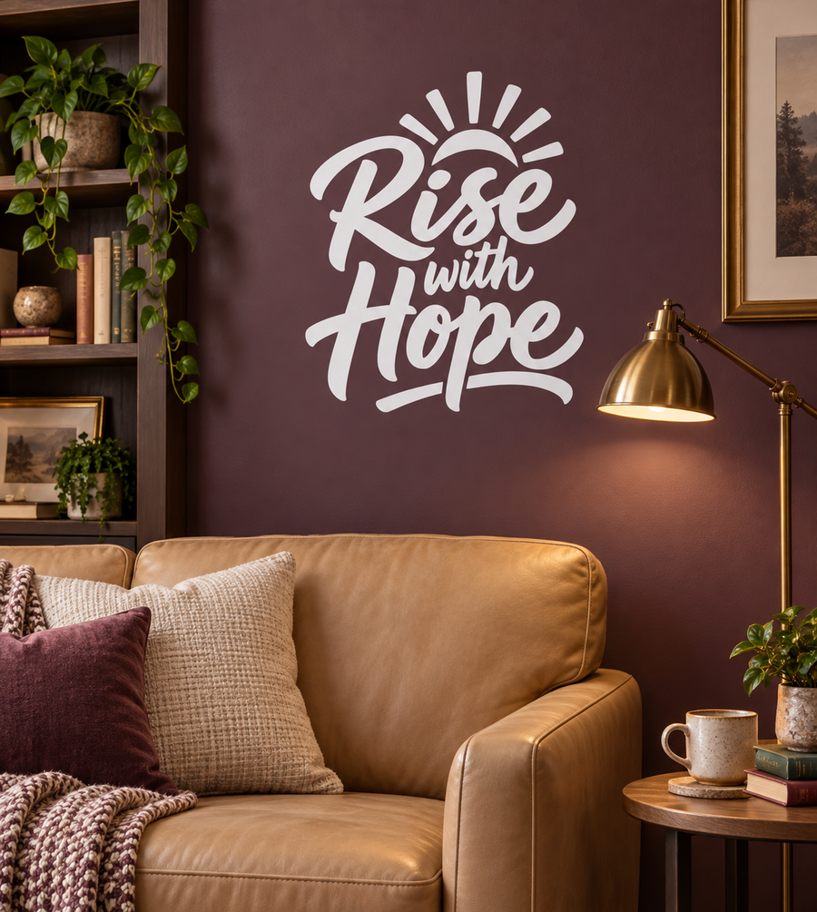 Vinyl wall decal reading “Rise with Hope” in white script with sunburst rays
