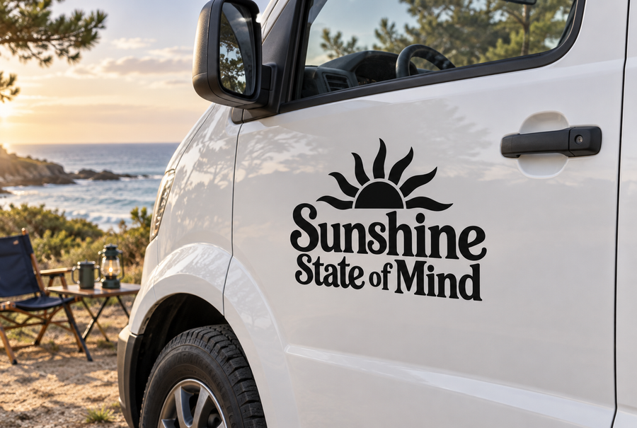 Vinyl decal with black Sunshine State of Mind logo on car door