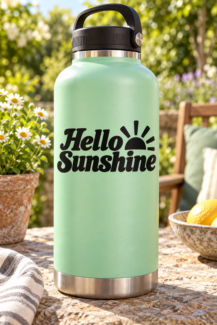 Hello Sunshine vinyl decal with black sunburst and bold “Hello Sunshine” text