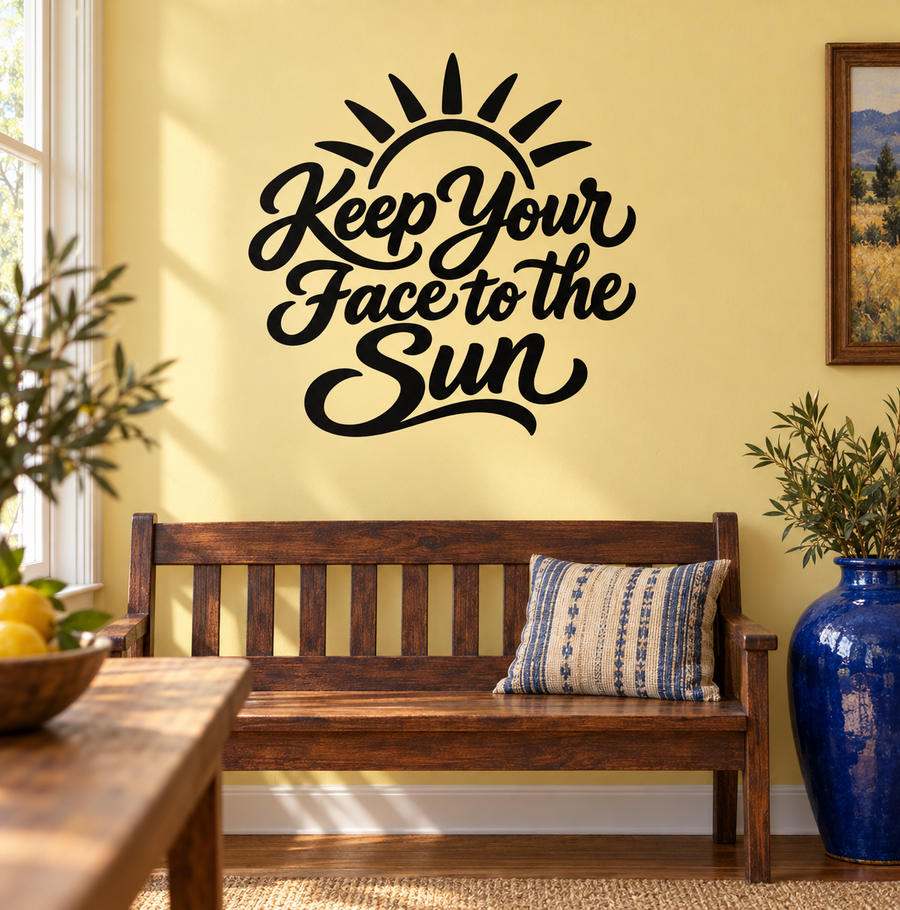 Wall vinyl decal with black sun icon and script text "Keep Your Face to the Sun".