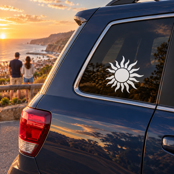 Radiant wavy sun vinyl decal with open circular halo on car window