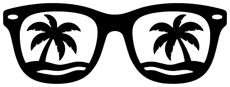 Close-up of black sunglasses vinyl decal with palm tree reflection designs