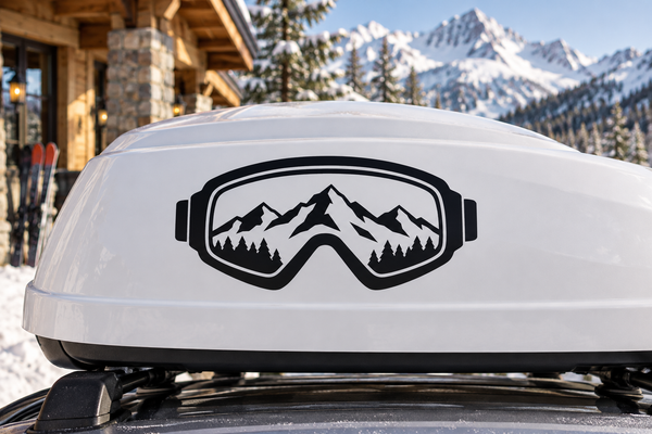 Alpine-style sunglasses vinyl decal with black mountain and pine tree illustration