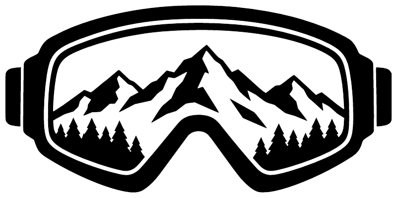 Close-up alpine sunglasses vinyl decal featuring black mountain peaks and pine trees
