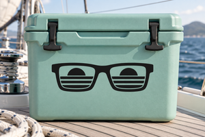 Teal vinyl decal with black sunglasses graphic and window-style striped lenses