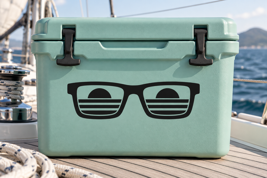 Teal vinyl decal with black sunglasses graphic and window-style striped lenses