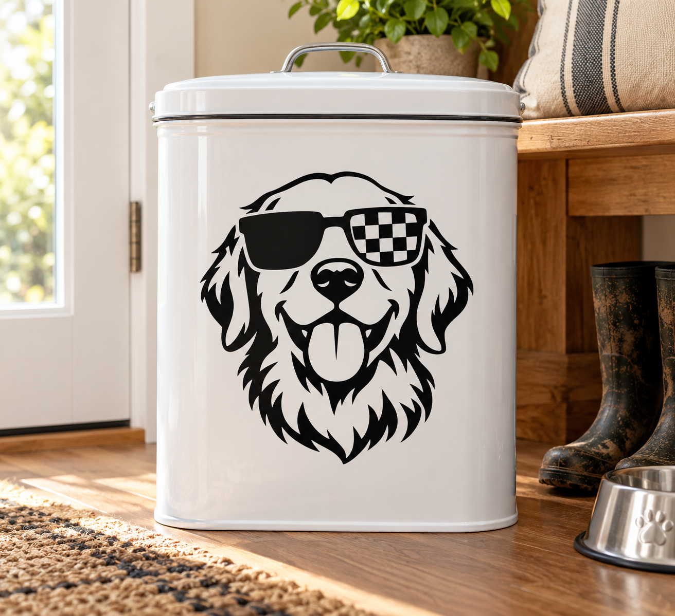 Black-and-white dog head vinyl decal with sunglasses and checker shade, sticker design