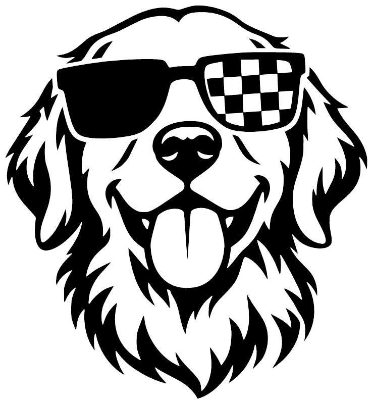 Black-and-white dog head vinyl decal with sunglasses and checker-pattern shade, close-up