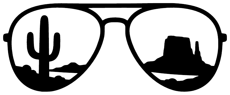 Black sunglasses decal graphic with cactus and desert house silhouettes on white