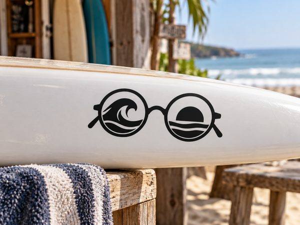 Vinyl sunglasses decal with black frames and ocean wave graphic on a white surface
