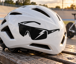 Sunglasses-shaped lightning vinyl decal in black on white, curved frame and lenses