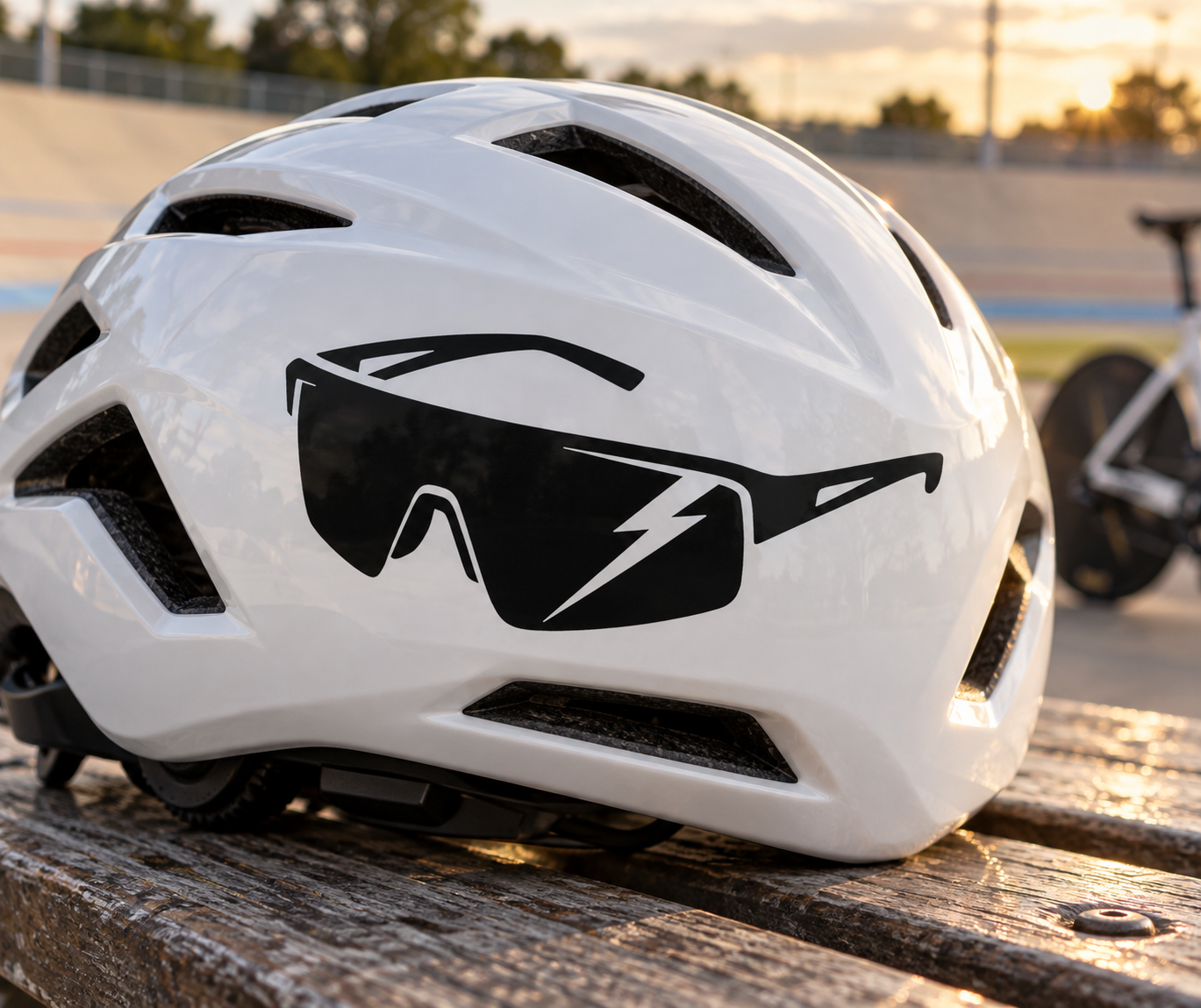 Sunglasses-shaped lightning vinyl decal in black on white, curved frame and lenses