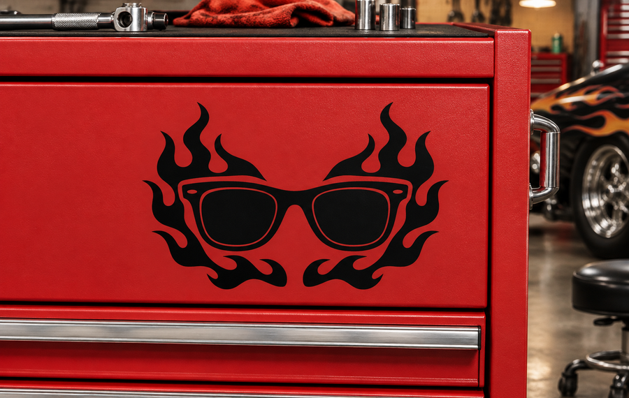 Vinyl decal of black flaming sunglasses on red surface