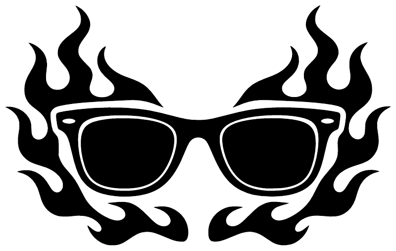 Vinyl decal of black flaming sunglasses, bold outline on white background