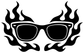 Vinyl decal of black flaming sunglasses, bold outline on white background