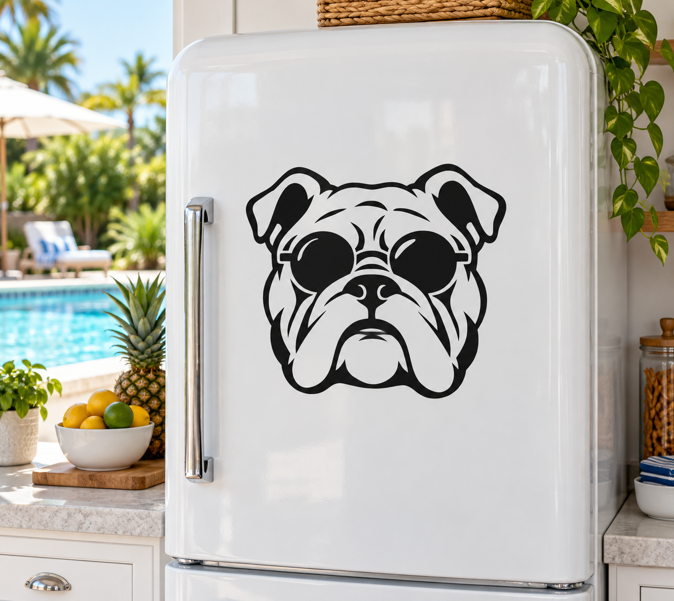 Bulldog face vinyl decal on a white metal door, black-and-white outline