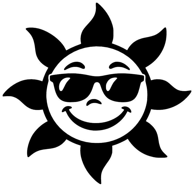 Sun face vinyl decal: black sunglasses, smiling grin, spiky rays