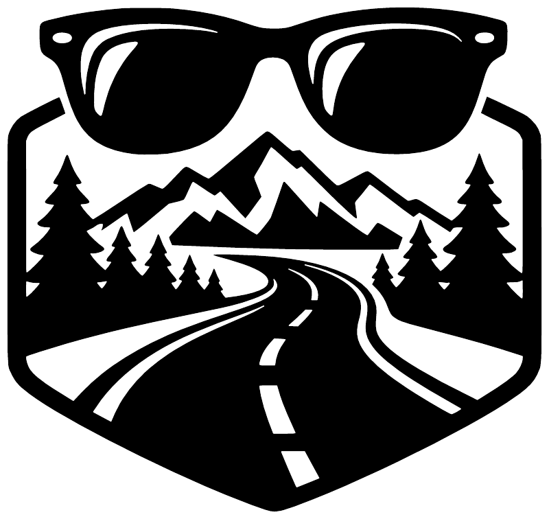 Black and white sunglasses road-trip vinyl decal with mountain range, pine trees, and highway
