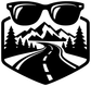 Black and white sunglasses road-trip vinyl decal with mountain range, pine trees, and highway