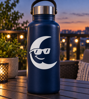 White crescent moon vinyl decal with smiling face and sunglasses
