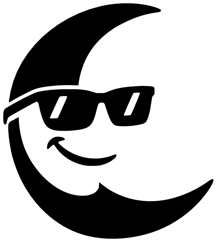 Crescent moon vinyl decal with black sunglasses and smiling face, high-contrast