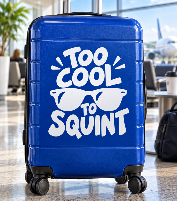 White vinyl decal with sunglasses and text: “Too Cool to Squint”
