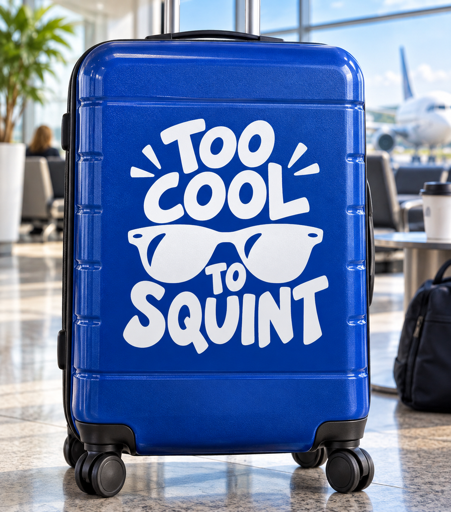 White vinyl decal with sunglasses and text: “Too Cool to Squint”