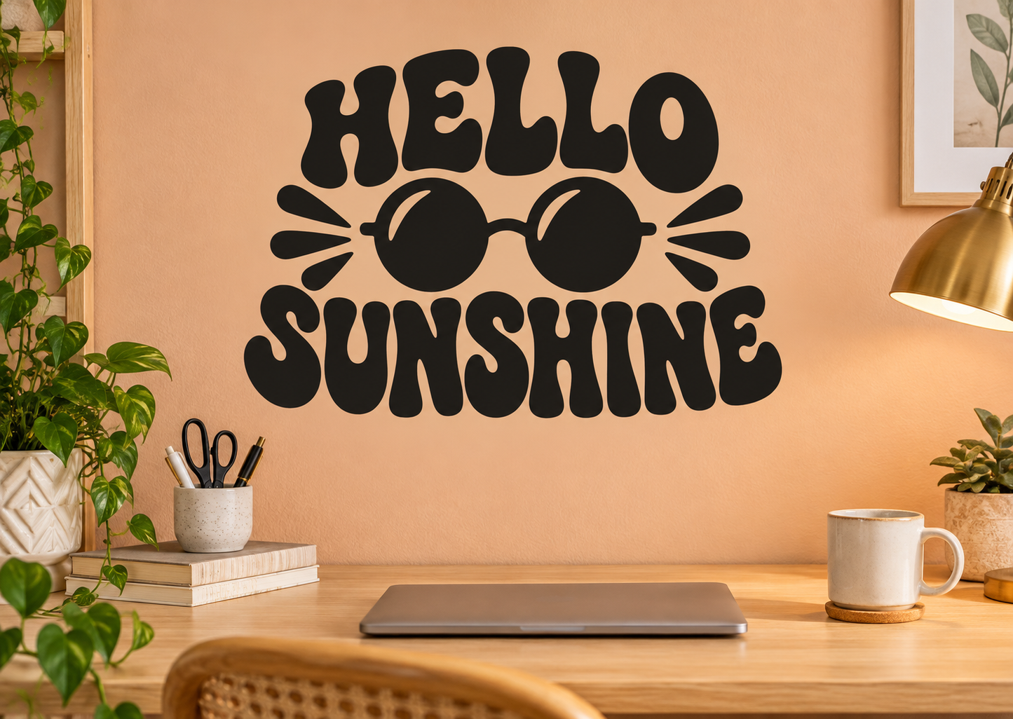 Hello sunshine vinyl wall decal with black sunglasses and sunburst rays