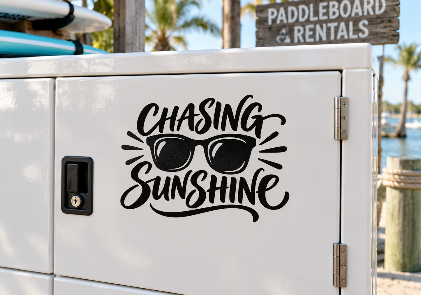 Vinyl decal with “Chasing Sunshine” lettering, black sunglasses, and sunburst rays