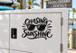 Vinyl decal with “Chasing Sunshine” lettering, black sunglasses, and sunburst rays