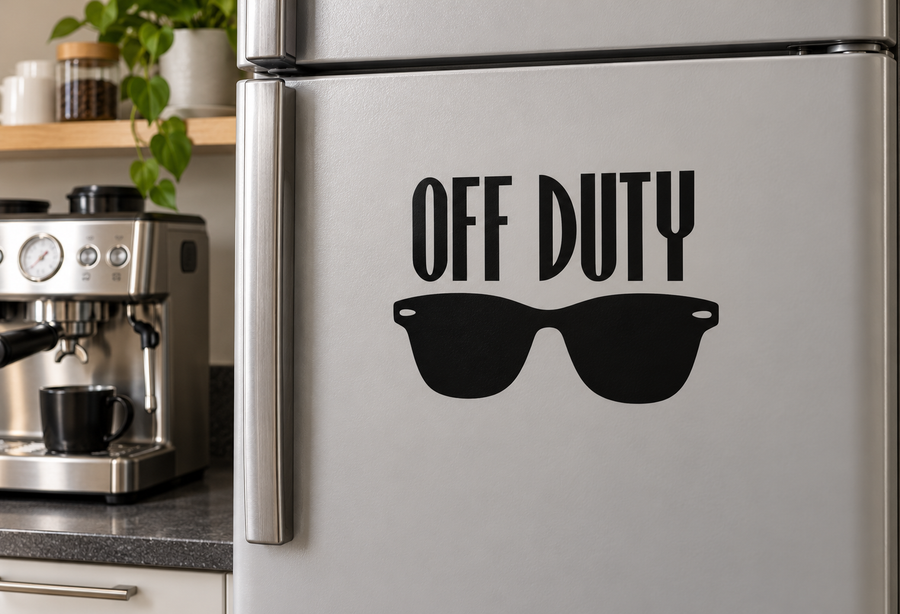 Off Duty vinyl decal with black sunglasses and bold OFF DUTY text
