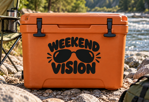 Vinyl decal reading "WEEKEND VISION" with black sunglasses graphic
