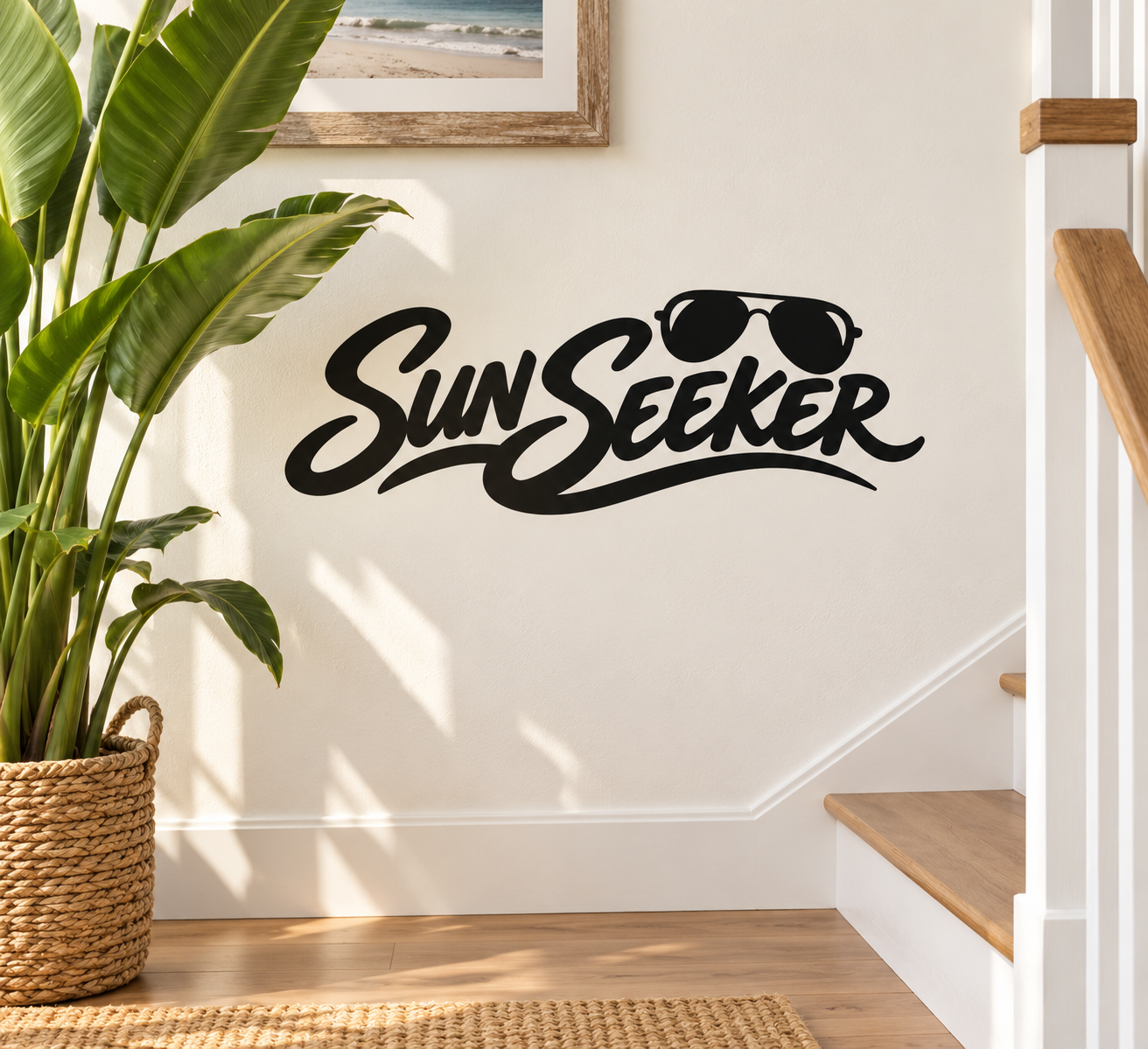 Vinyl decal with SunSeeker script and black sunglasses icon