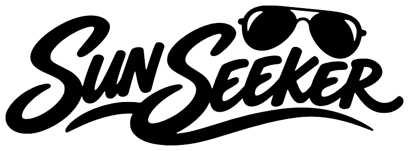 SunSeeker vinyl decal logo in black script with sunglasses above