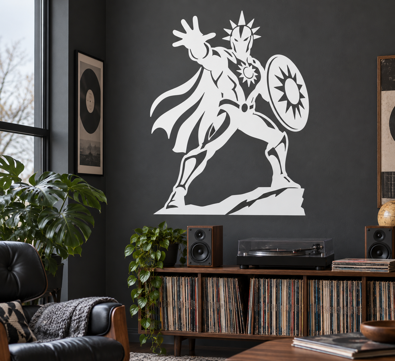 Vinyl hero decal of a horned knight striking with shield and starburst halo