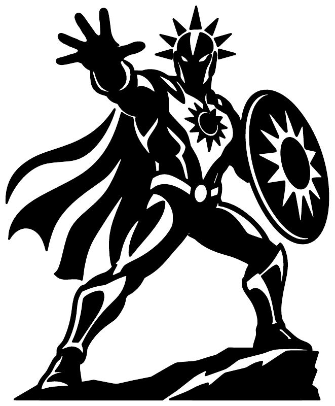 Black vinyl hero decal of a knight with shield and starburst, full-body on white