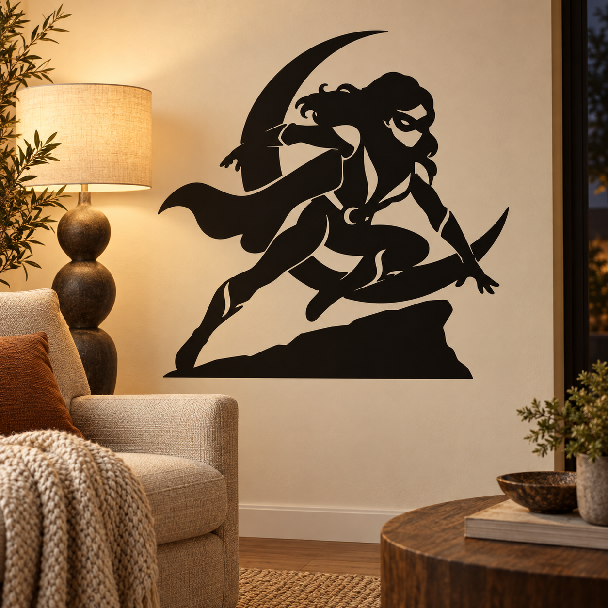 Black superhero heroine vinyl wall decal in dynamic running pose