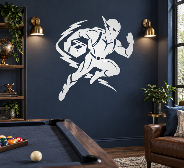 White lightning courier vinyl decal of running hero with cube and lightning bolt, wall sticker