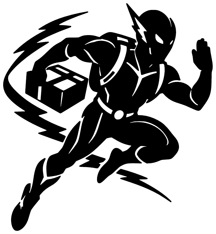Black lightning courier vinyl decal silhouette, running hero with cube and lightning bolt