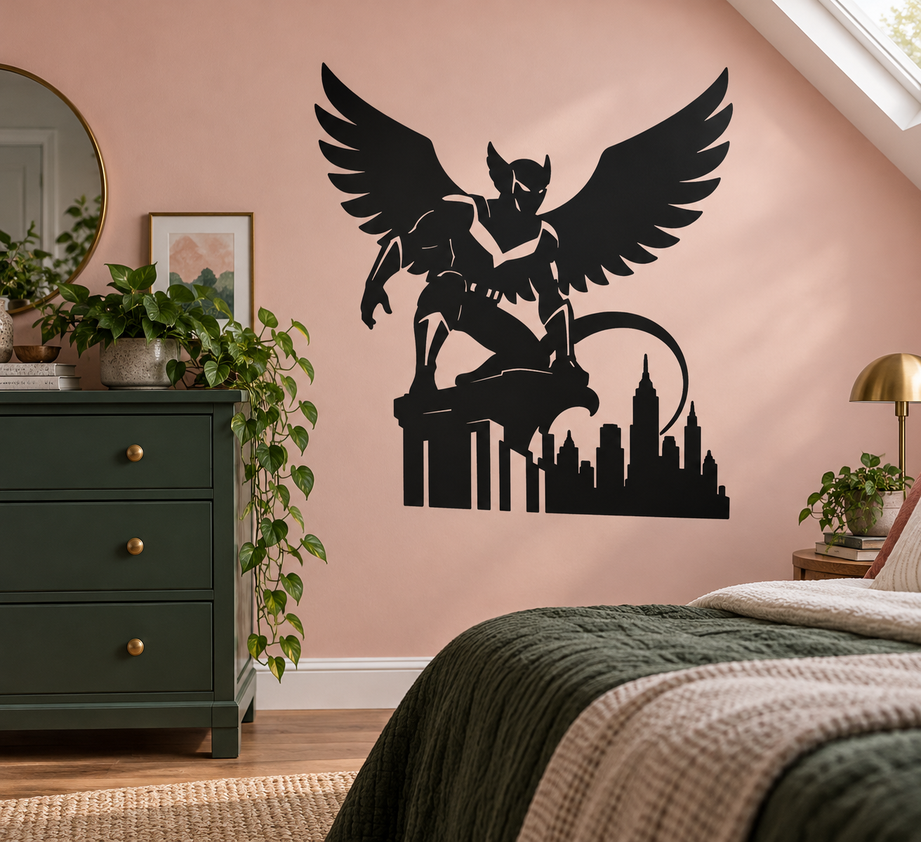 Winged city sentinel vinyl decal: black winged character over city skyline silhouette