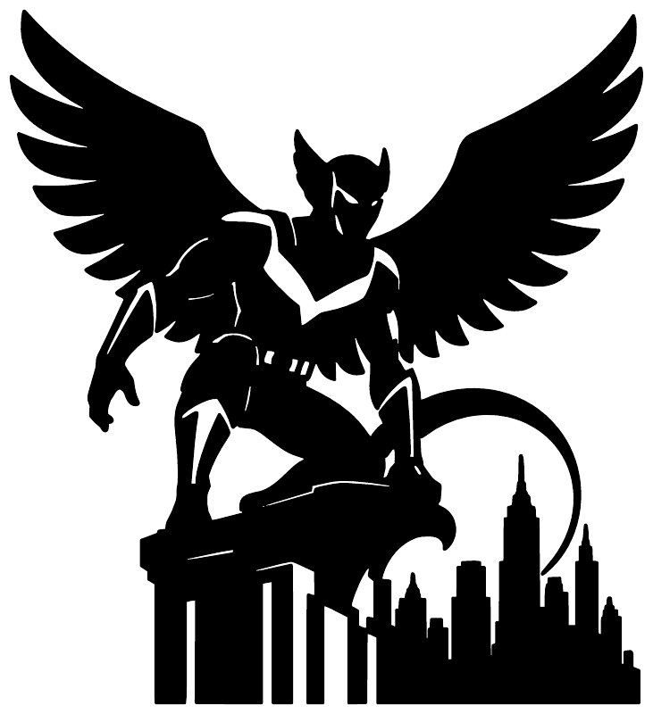 Winged city sentinel vinyl decal in black: winged guardian over city skyline silhouette