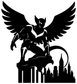 Winged city sentinel vinyl decal in black: winged guardian over city skyline silhouette