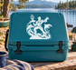 White vinyl decal of ocean guardian hero with trident riding waves
